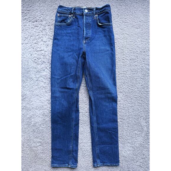 Agolde Riley Long Straight Leg Jeans 24 High Rise Blue Dark Wash Classic Luxury - Picture 3 of 8